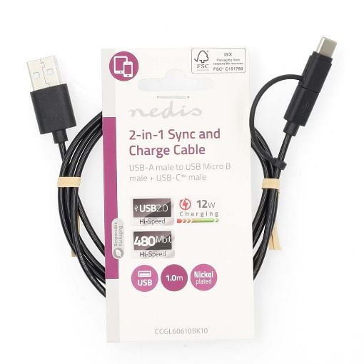 Εικόνα της Καλώδιο Nedis USB-A to USB Micro/C 1m Black CCGL60610BK10