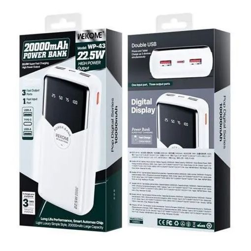 Εικόνα της Power Bank WK 20000mAh Dual USB-A QC2 & USB-C PD 22.5W White WP-43